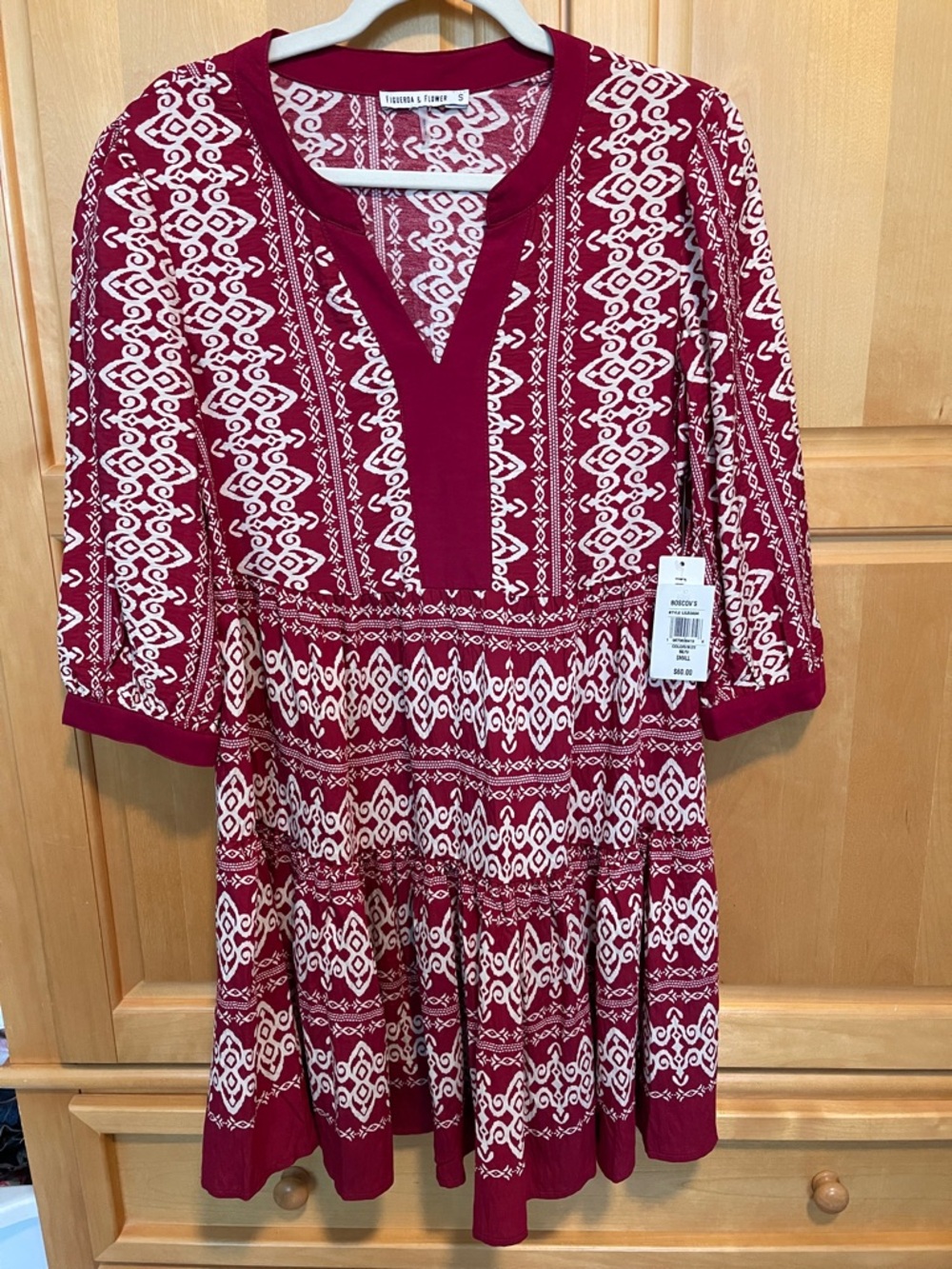 Burgundy and Cream Printed V-Neck Tiered Midi Dress